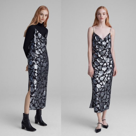 Club Monaco Dresses & Skirts - Club Monaco Silk Slip Jacquard Midi Dress Floral Sleeveless Cowl Wedding Guest
